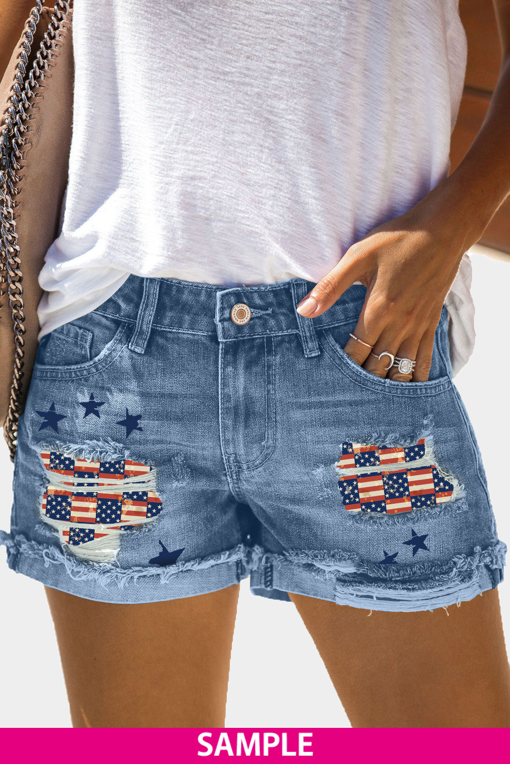 Blank Apparel - Distressed Ripped Rolled Hem Blue Denim Shorts