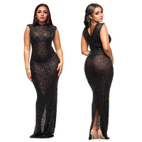 CM.YAYA 2024 Fall Diamonds Hot Rhinestones O-neck Women Sleeveless Bodycon Long Dress Birthday Party Evening Prom Maxi Dresses