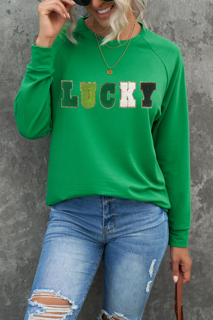 Green St Patricks LUCKY Chenille Embroidered Graphic Sweatshirt