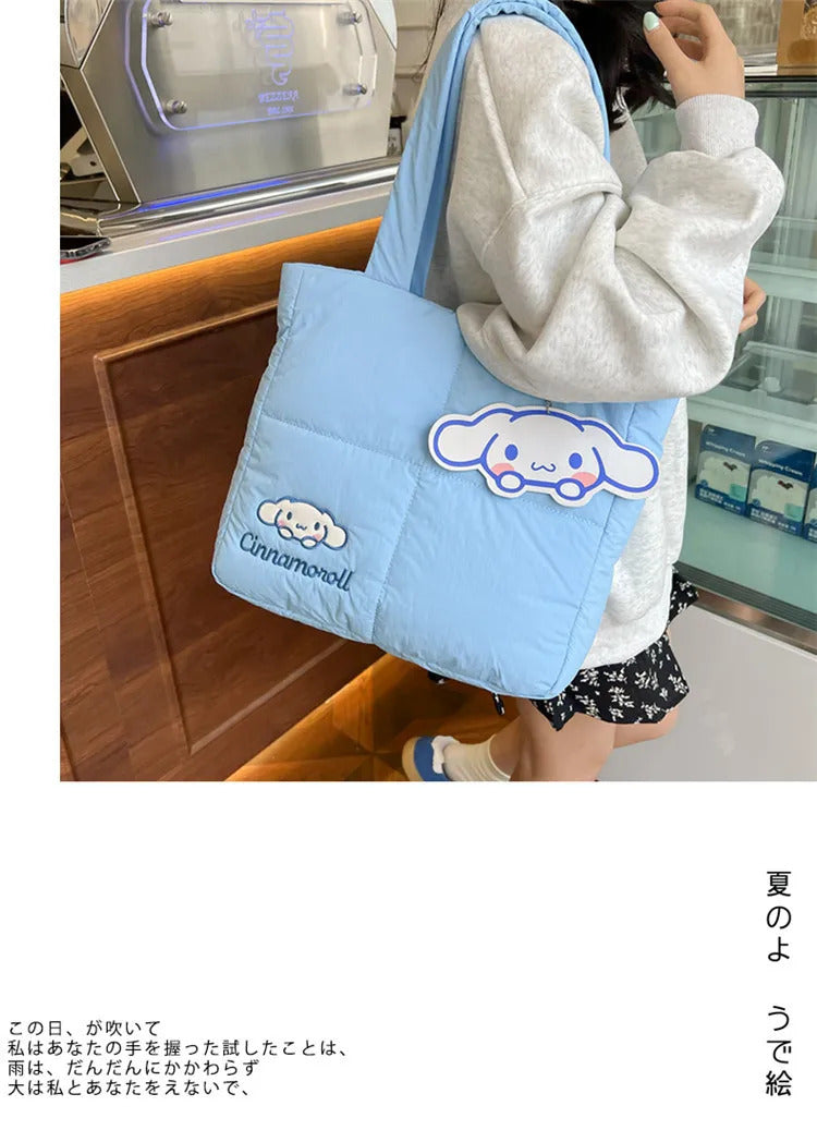 2024 New Sanrio Handbag Cartoon Cute Down Fabric Kuromi Tote Bag Shoulder Pacha Dog Cute Stationery Bag Large Capacity Handbag