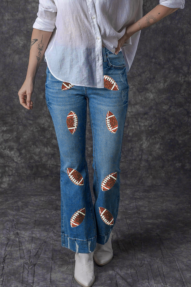 Sky Blue Sequin Rugby Football Pattern High Waist Distressed Flare Jeans