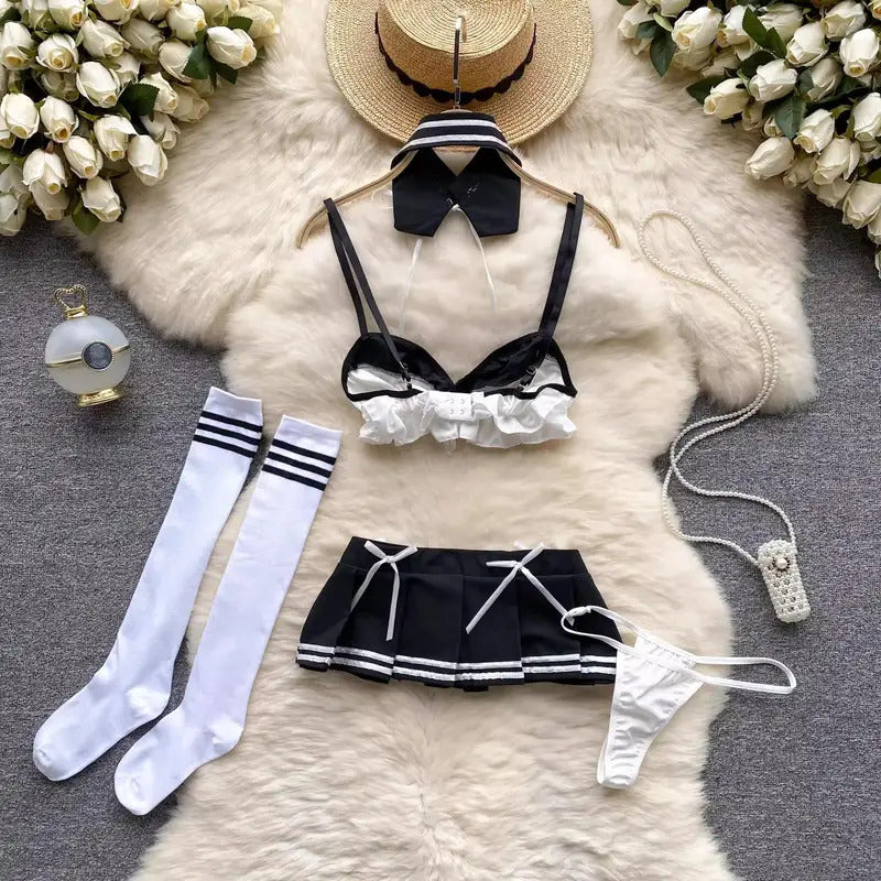 Japan Girls Vintage Cosplay Costume Sexy JK Uniform Skirt Suits Pajamas Outfits Erotic Striped Bow Tie Pleated Skirts Set