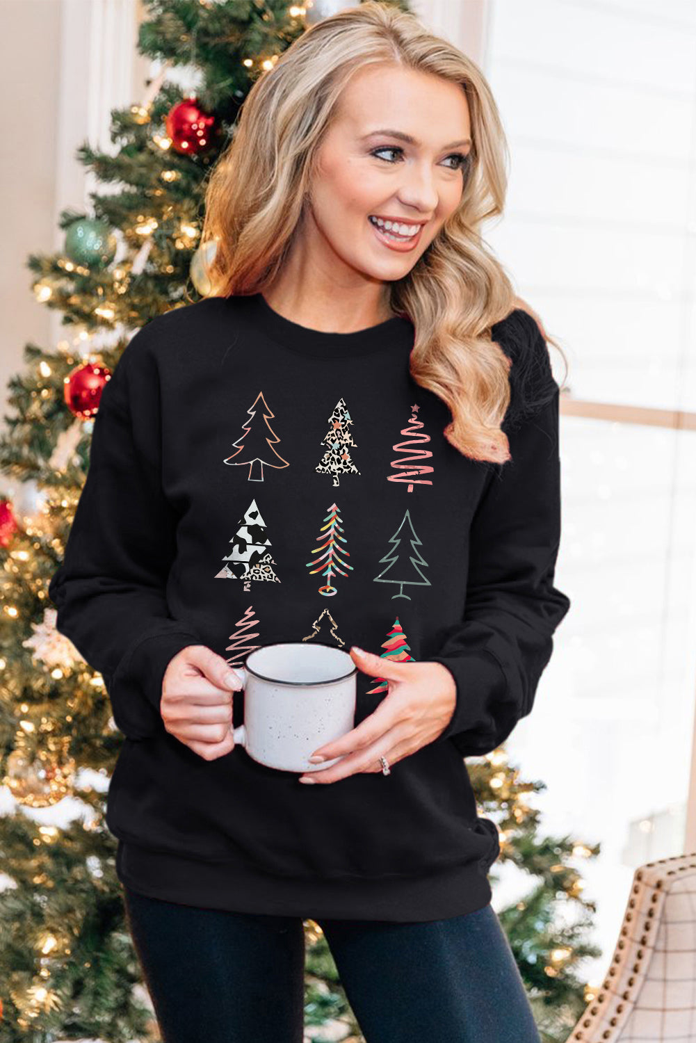 Black Christmas Tree Graphic Print Crew Neck Sweatshirt