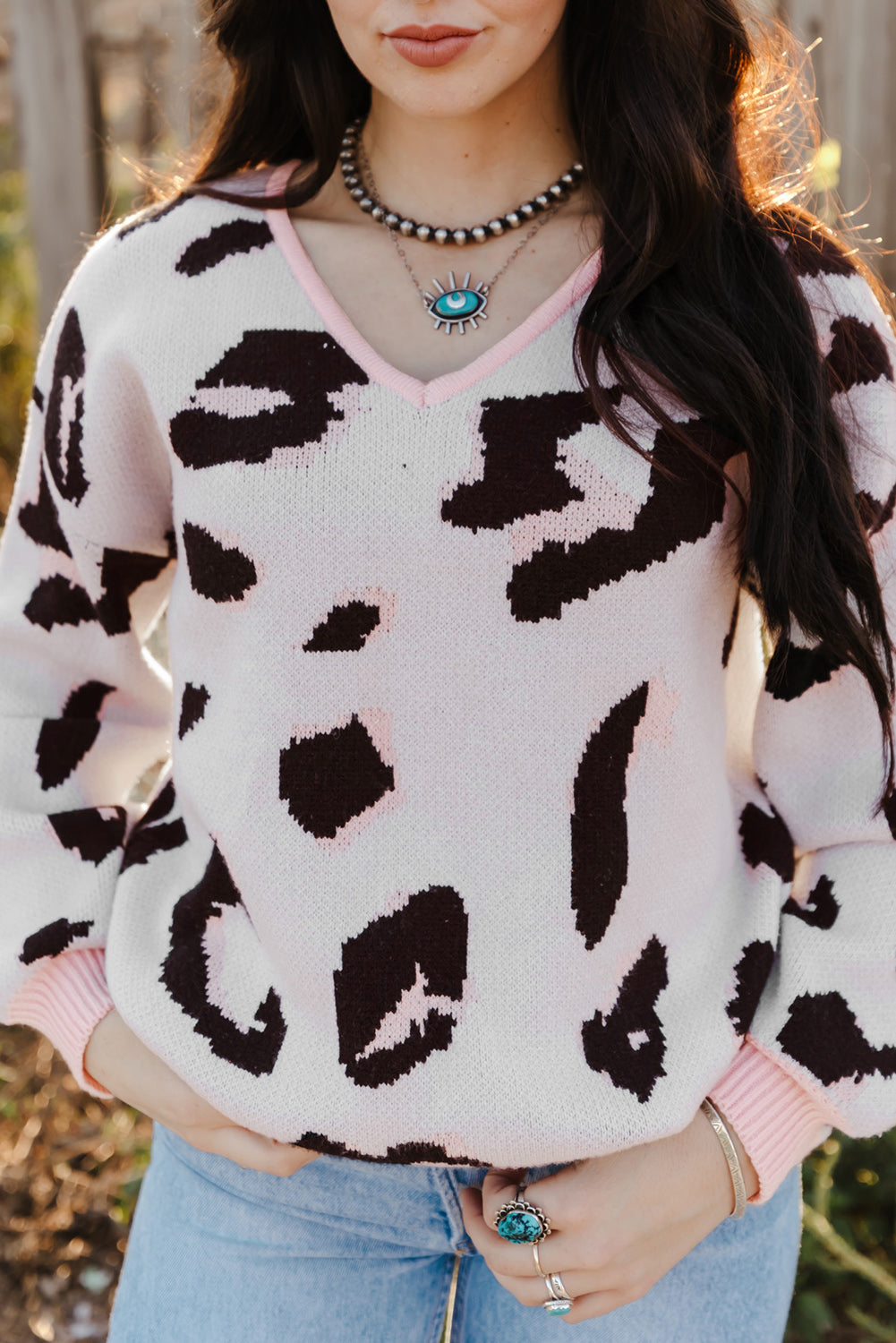 Contrast Trimmed V Neck Leopard Sweater