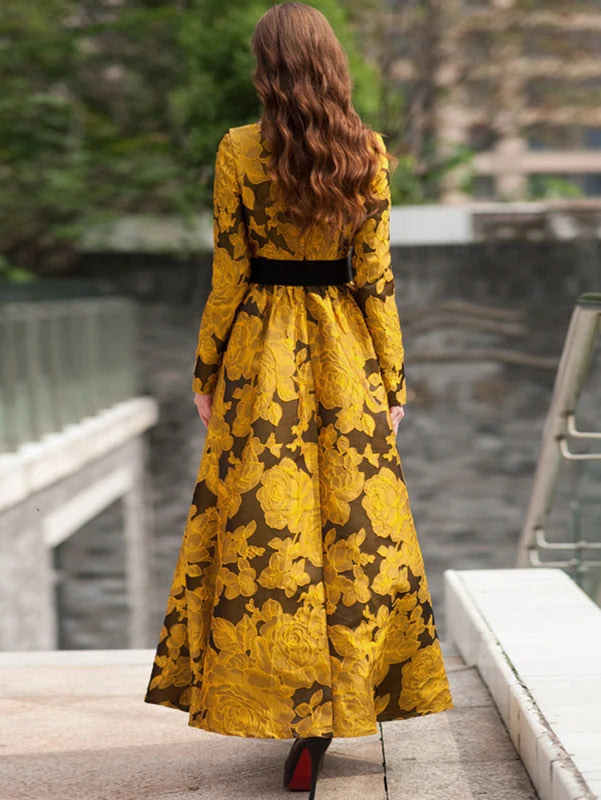 Elegant Women Floral Long Maxi Dress Jacquard Evening Party Boho Fall Winter Vintage Dress Ladies A-Line Robe