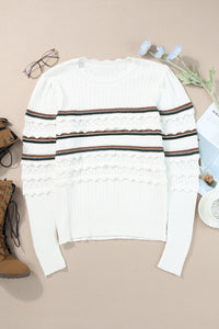 White Striped Ribbed Scalloped Detail Knit Sweater