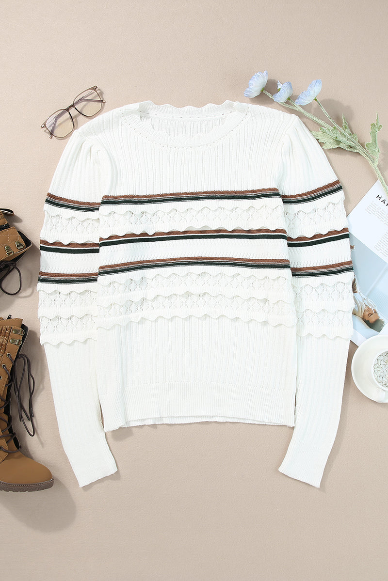 White Striped Ribbed Scalloped Detail Knit Sweater