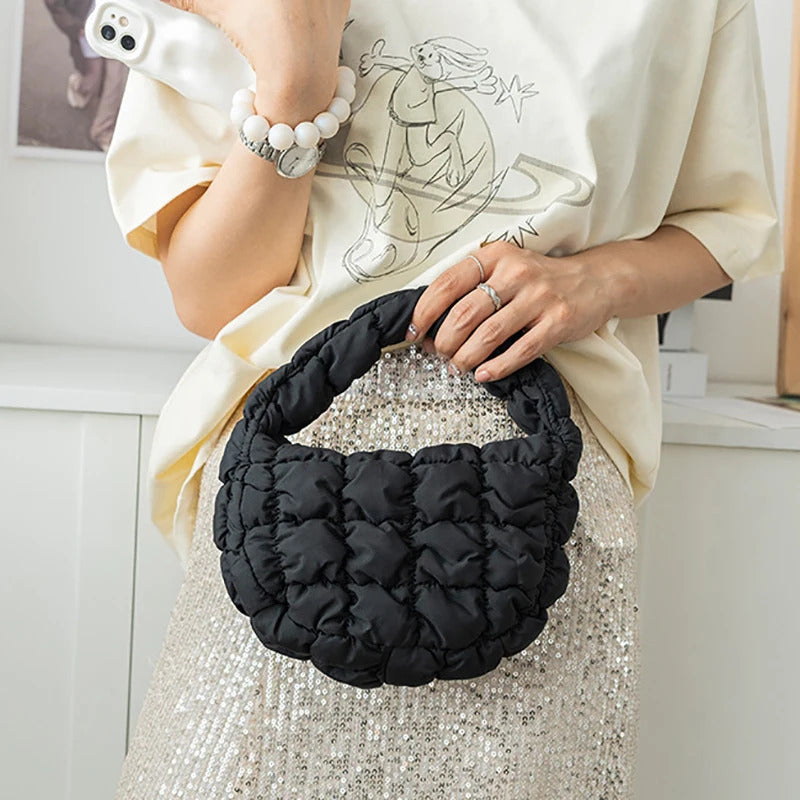 Fashion Mini Puffer Tote Bag Quilted Circle Phone Purse Elegant Purple Soft Nylon Padded Key Pouch Simple Trend Handbag