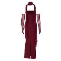 Mozision Strapless Backless Sexy Maxi Dress For Women Burgundy Mesh Sleeve Off-shoulder Bodycon Club Party Evening Long Dress