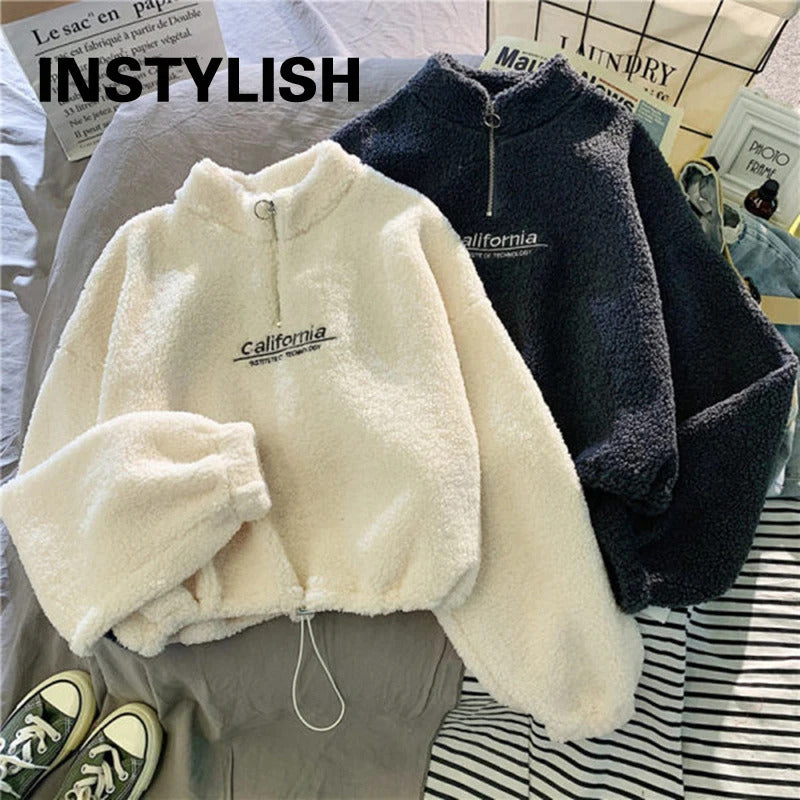 Women Stand Neck Fleece Cropped Hoodies Autumn Letter Embroidery Long Sleeve Drawstring Sweatshirt Elegant Plush Velvet Tops