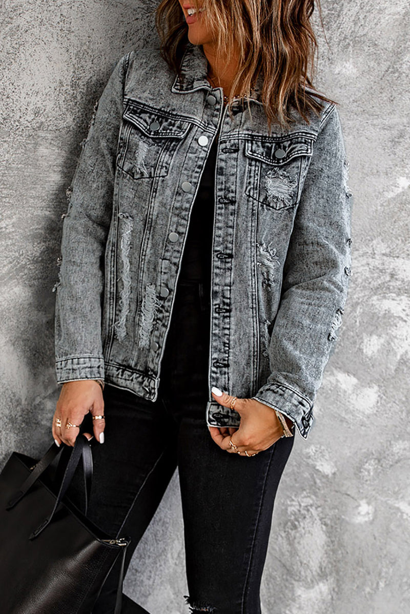 Gray Distressed Buttons Washed Denim Jacket