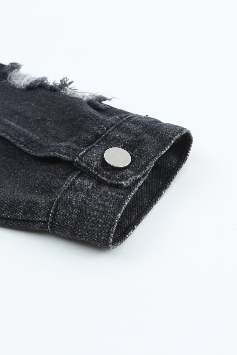 Blue Lapel Distressed Raw Hem Buttons Denim Jacket