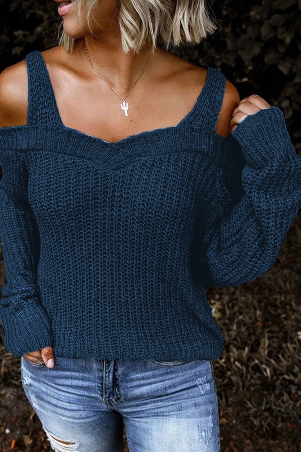 Dark Blue Dew Shoulder Juliette Knitted Sweater