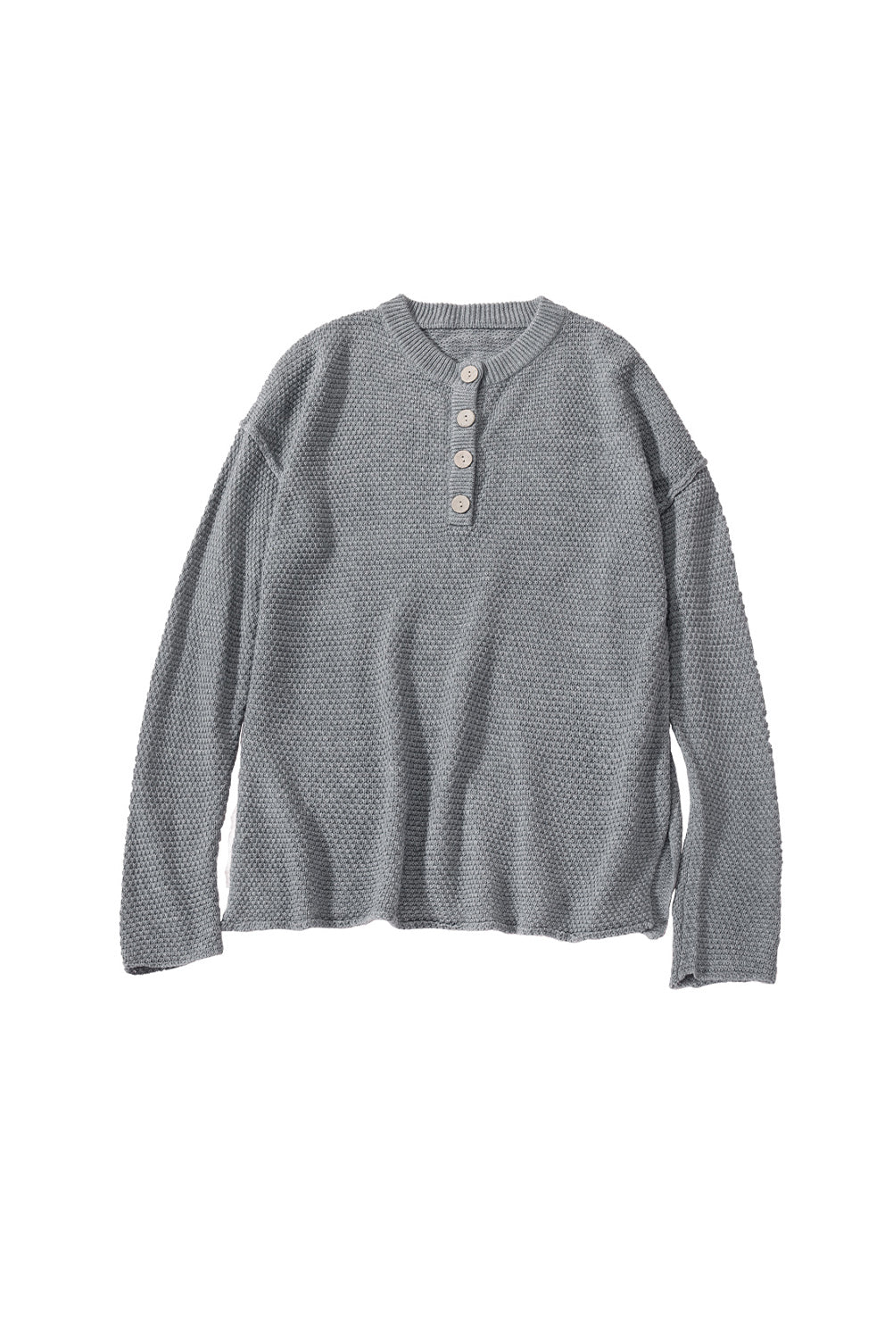 Gray Henley Pullover Drop Shoulder Sweater with Slits