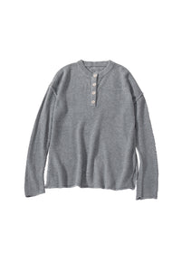 Gray Henley Pullover Drop Shoulder Sweater with Slits