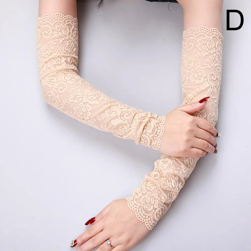 1 Pair Summer Women Sexy Lace Gloves Long Fingerless Mittens Ice Silk Sunscreen Arm Cover Elastic Sleeve Ladies Driving Gloves