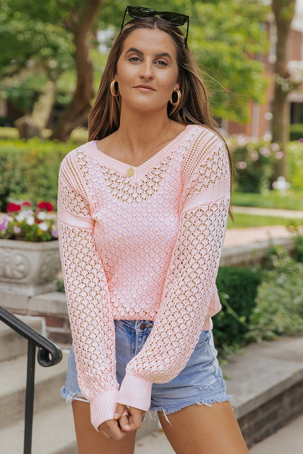 Pink Loose Pointelle Knit Ribbed V Neck Sweater