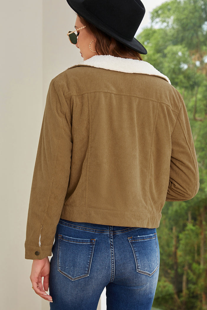 Khaki Corduroy Sherpa Snap Button Flap Jacket