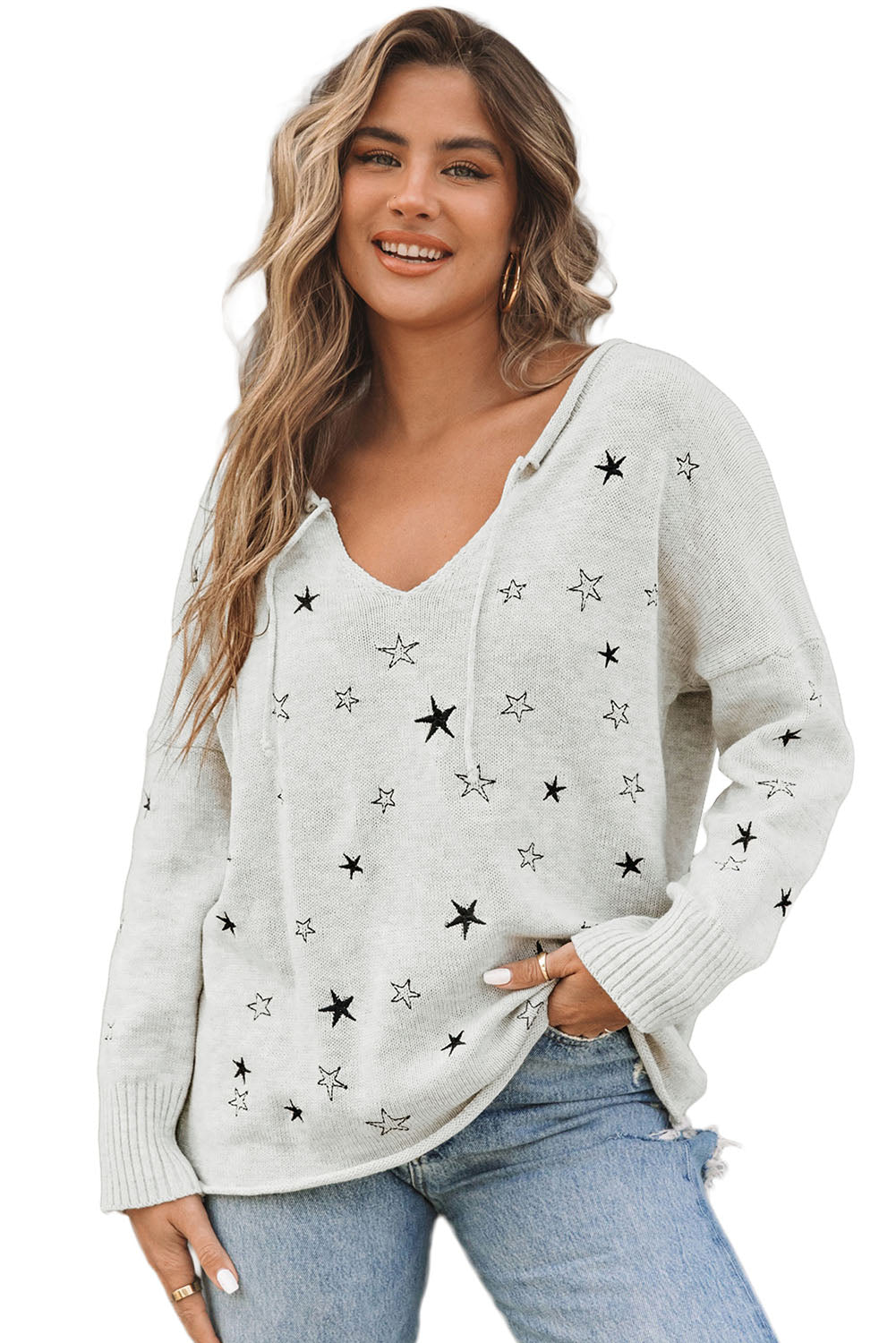 Gray Mini Starfish Embroidery Lightweight Knit Sweater