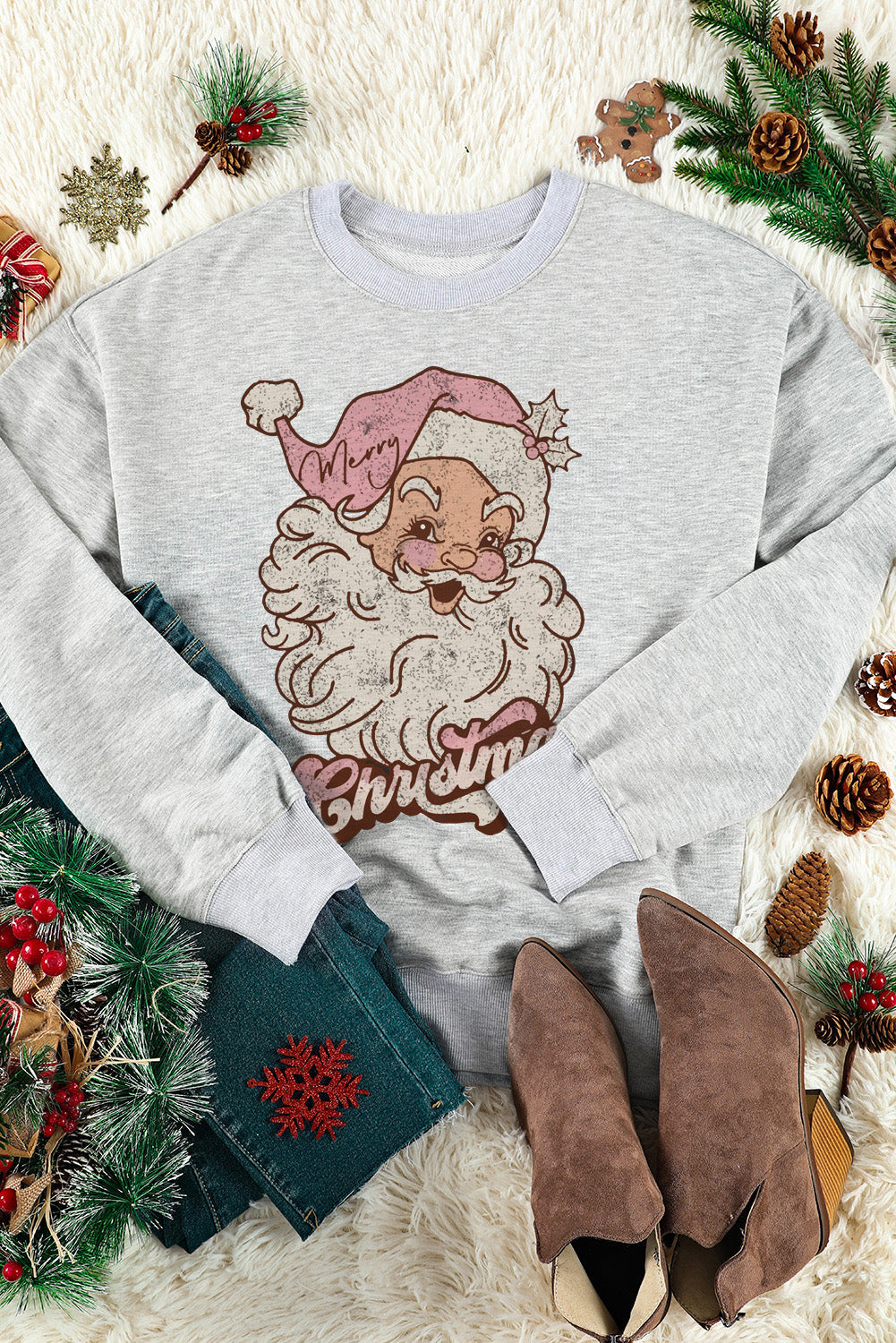 Gray Christmas Santa Claus Graphic Sweatshirt