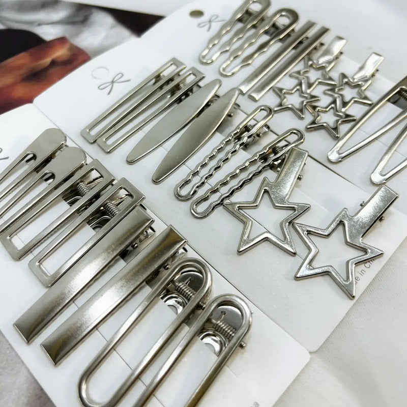 24Pcs/Set Y2K Silver Metal Hairpins for Women Girls Star Hair Clip Multiple Styles Seamless Duckbill Clip Girls Hair Accessoires