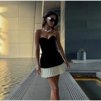 Pleated Hem Spliced Contrast Mini Dress Women Elegant Velvet Strapless Backless Slim Dresses 2024 New Lady Party Evening Gowns