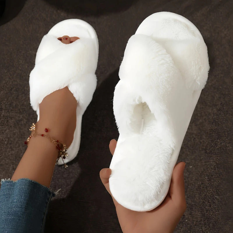 CrissCross Band Plush House Slippers for Women Open Toe Soft Sole Fuzzy Home Shoes Woman Winter Cozy Warm Indoor Floor Slippers