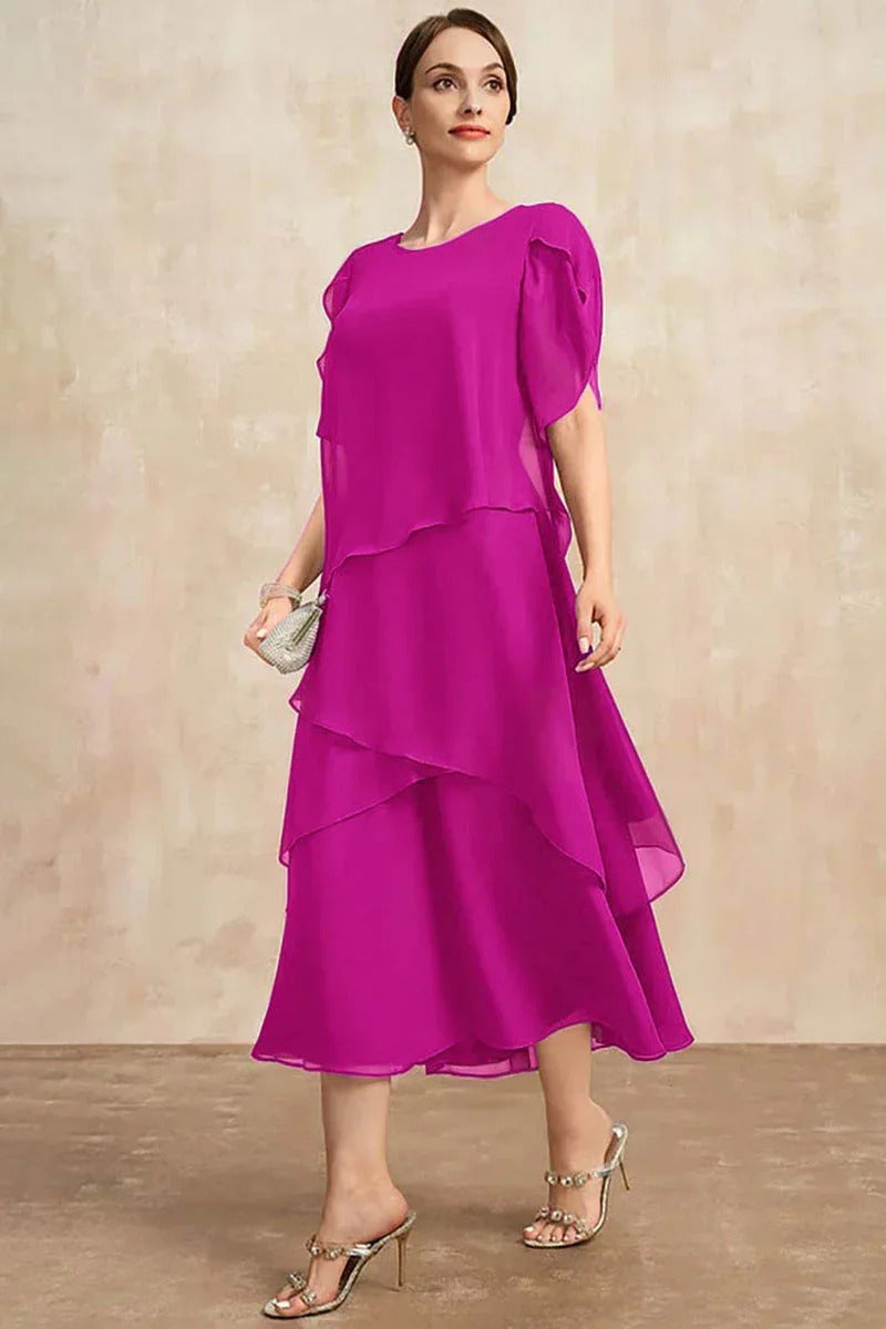 Temperament Chiffon Mother Of The Bride Dress Irregular Layered Hem Short Sleeve Maxi Dress Party Wedding Guest Dress Plus Size