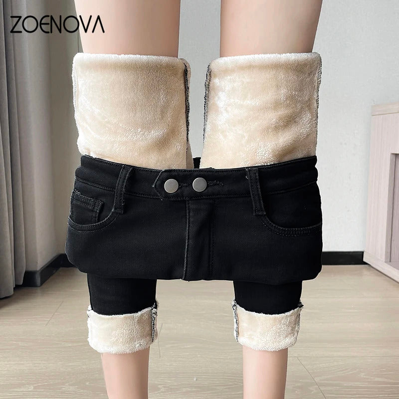 ZOENOVA 2024 Winter Thick Velvet Women Jeans High Waist Skinny Jeans Simple Fleece Warm Slim Stretch Casual Denim Pencil Pants