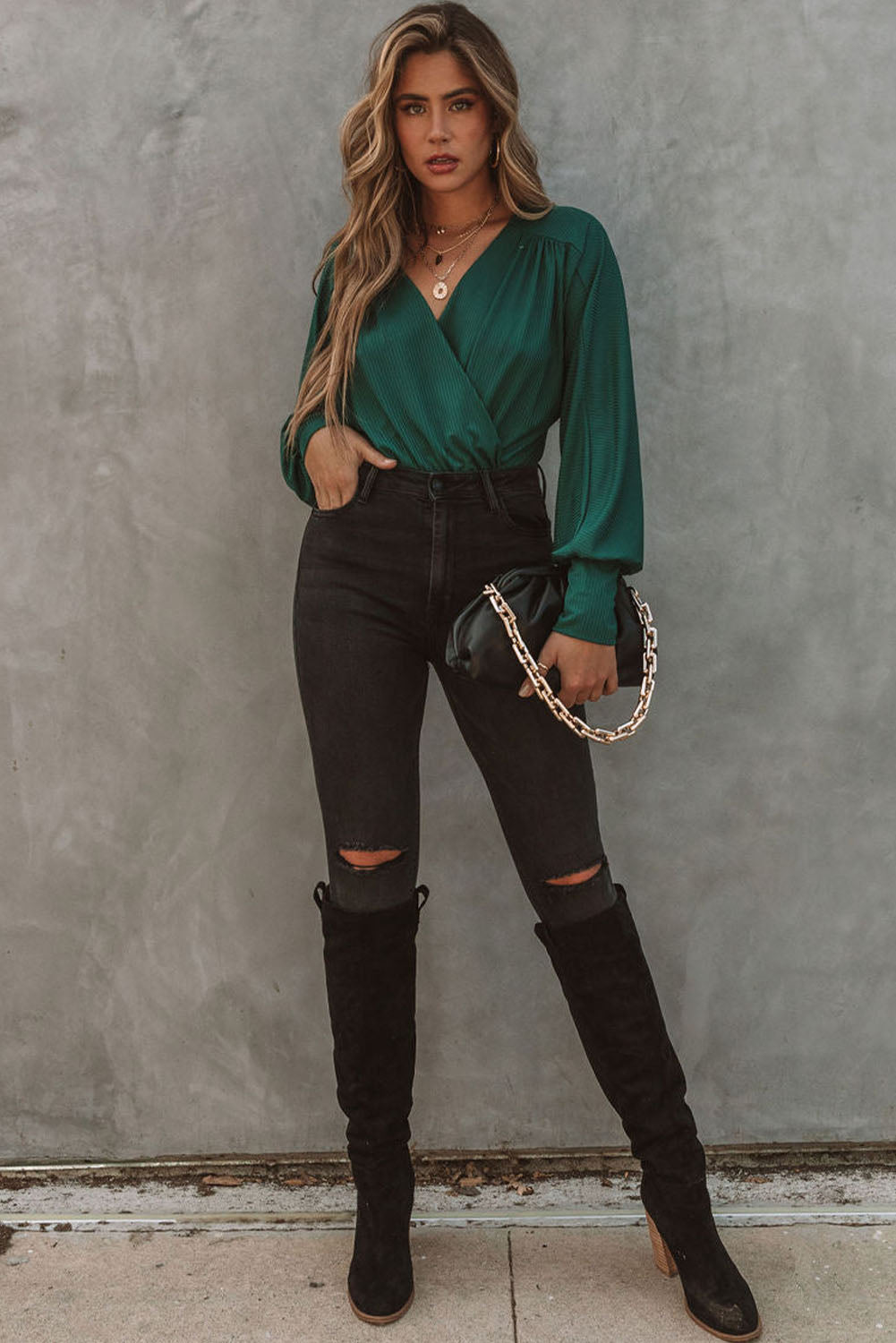 Green Ribbed Texture Drape Front V Neck Bodysuit