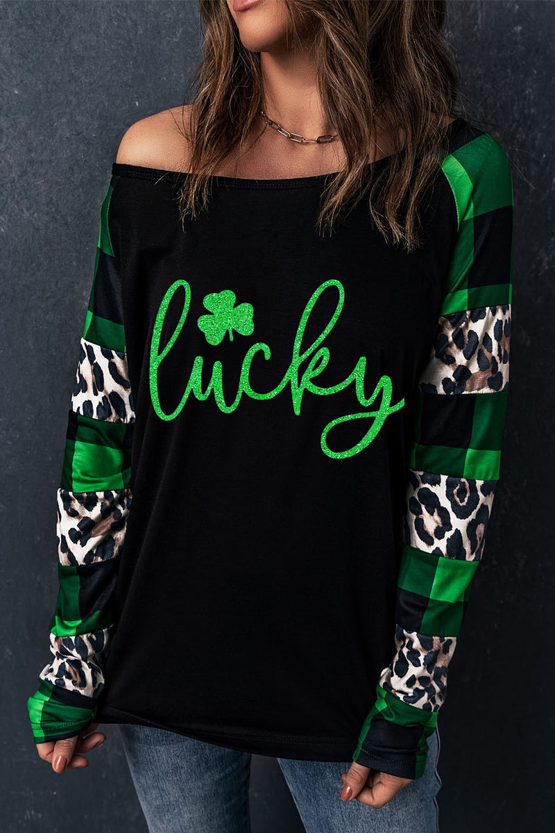 Green Lucky Clover Glitter Graphic Leopard Plaid Splicing Top