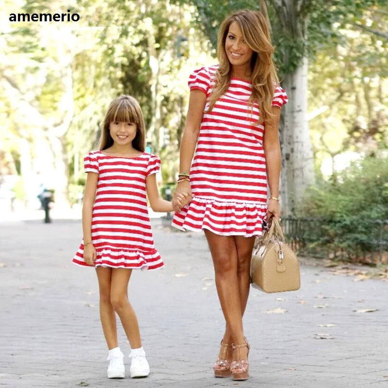 Matching Family Dresses  2023 Striped Mother Daughter Dresses Short Sleeve  Girl Big Sister Mother Kids Family Matching Clothes