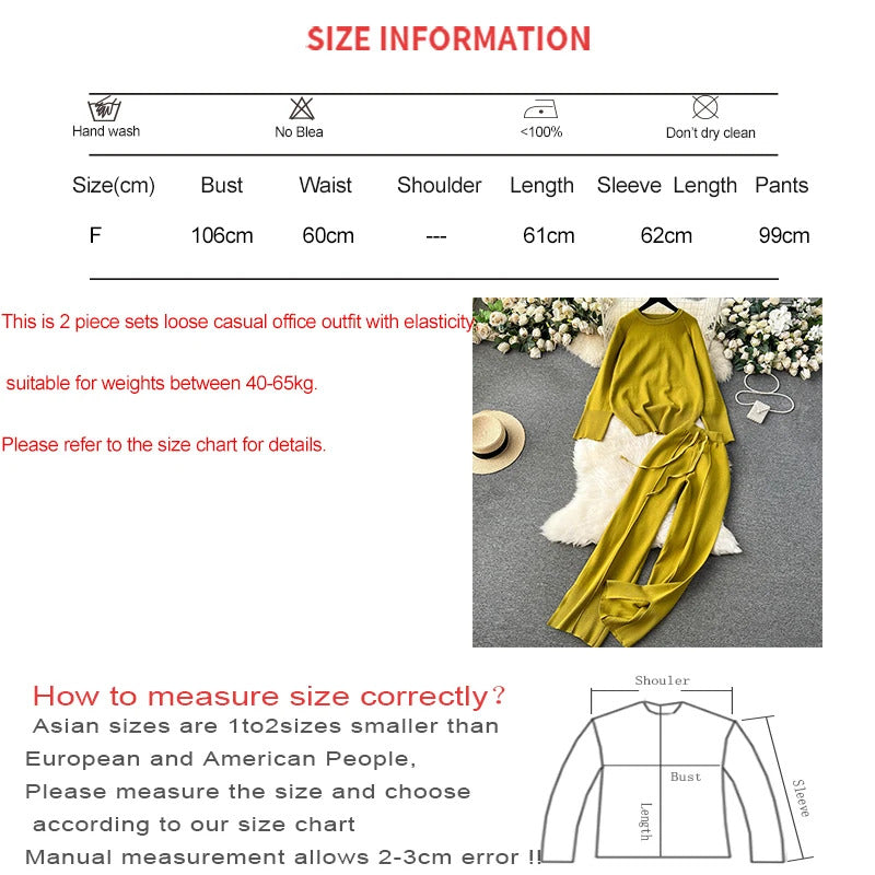 HELIAR Women Knitted Loose 2 Piece Sets Long Sleeve O-Neck Sweater and Wide Leg Pants Outfit Casual Office Set Autumn Winter