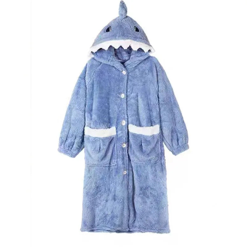 Women's Pajamas Thickened Warm Flannel Cartoon Shark Sleeping Robe Animal women's Two Pieces set Men Women Plush Thick Sleepwear