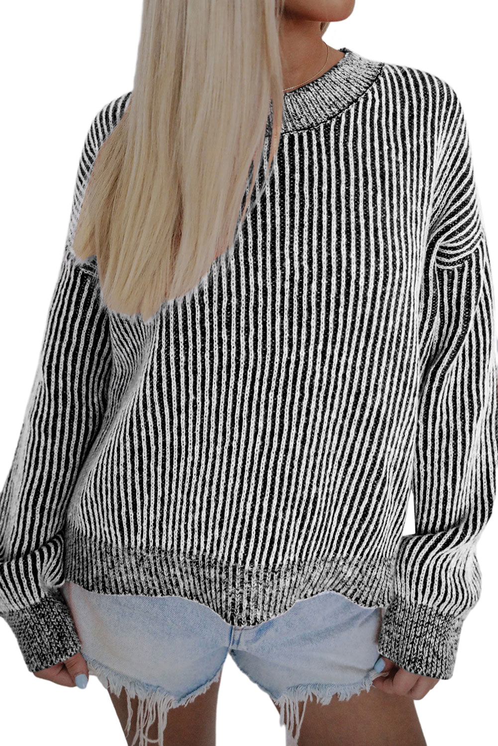 Black Striped Print Ribbed Trim Round Neck Sweater