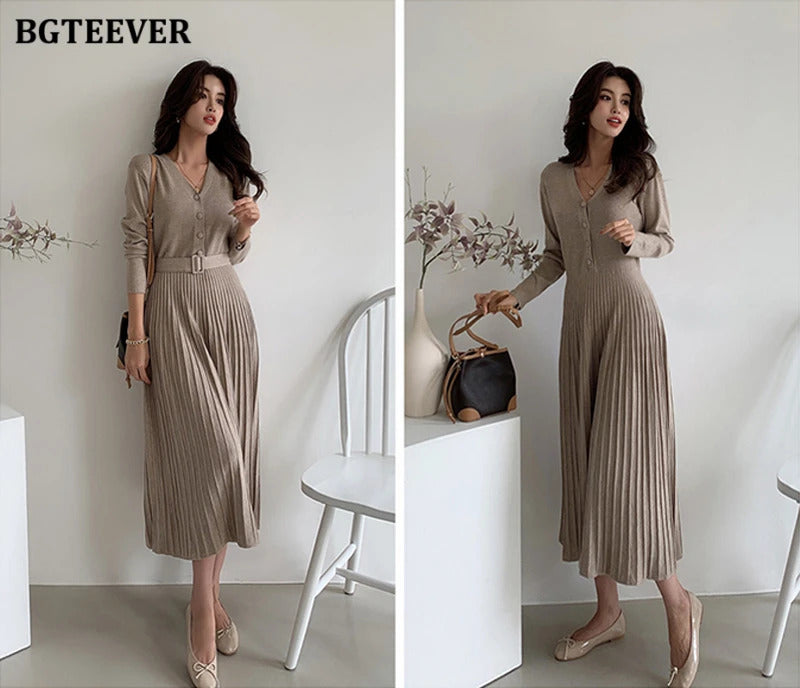 BGTEEVER Elegant V-neck Single-breasted Women Thicken Sweater Dress 2021 Autumn Winter Knitted Belted Female A-line soft dresses