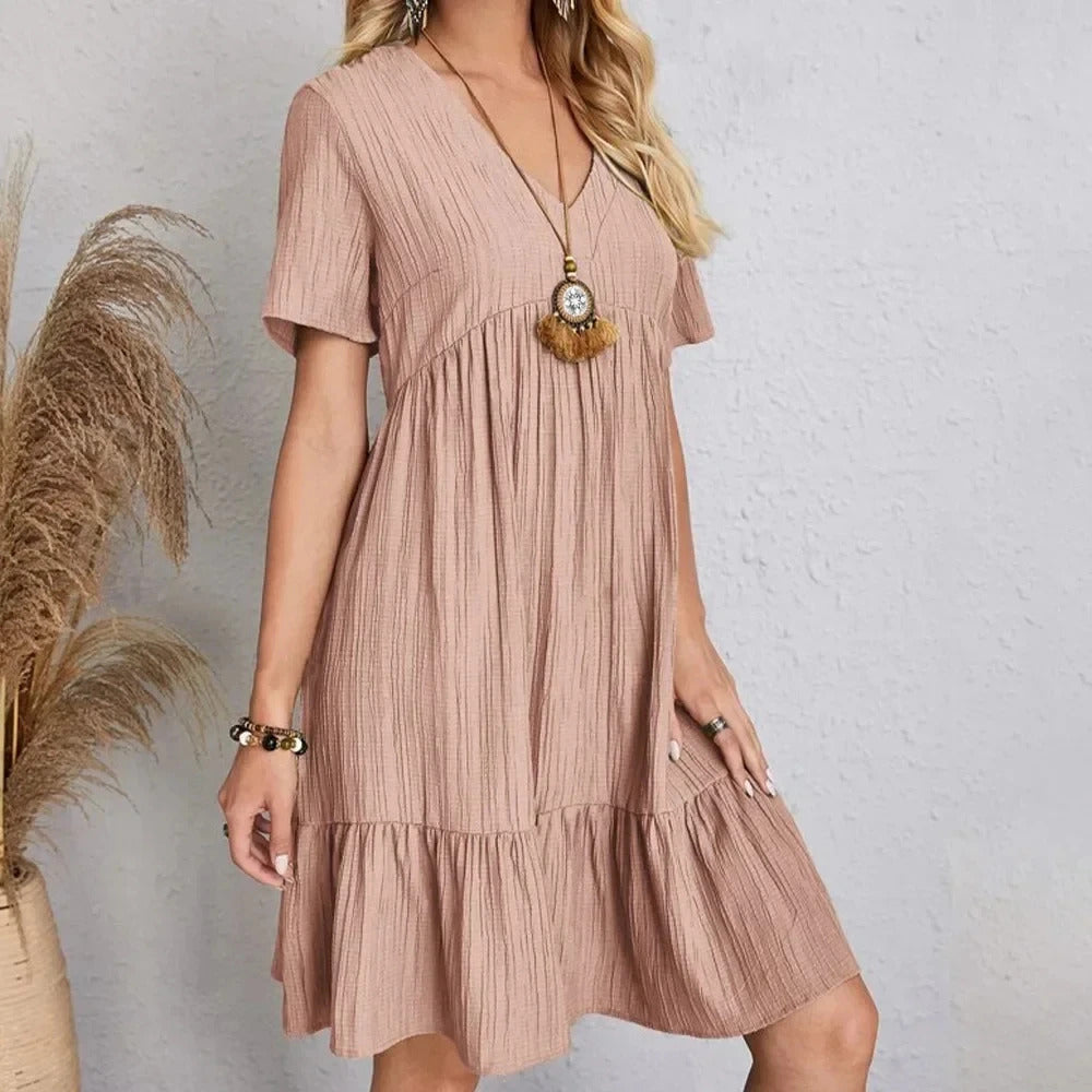 Women Summer Peplum Dresses Spring V-Neck Short Sleeve Loose Waist Ruffle Fit Flare Vocation Dresses