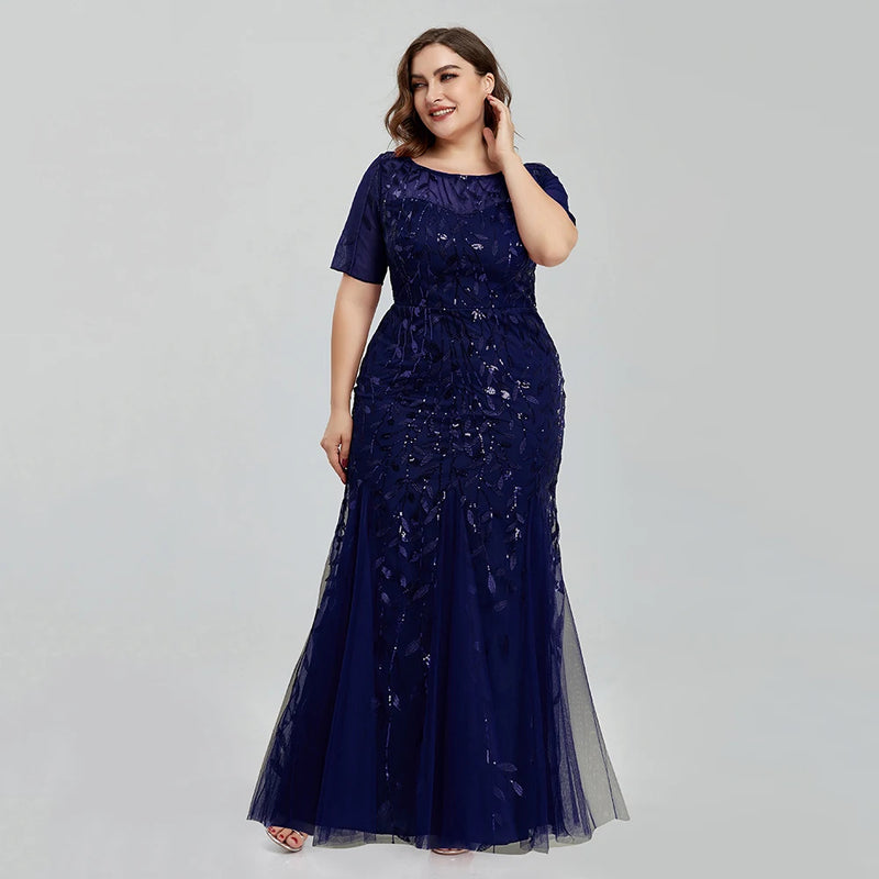 Women Plus Size Sequin Mesh Embroidery Mermaid  Evening Dress Formal Short Sleeve Elegant Party Prom Gowns 2020 New Long Dress