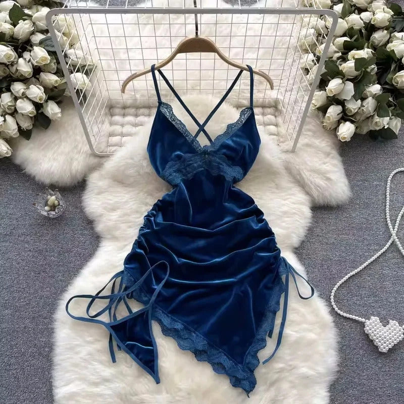 Hot Sexy V-Neck Cross Strap Dress Lace Patchwork Irregular Pleated Nightwear Women's Erotic Lingerie Backless Sleeveless Pajamas