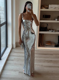 Sexy Sling Backless Silvery Maxi Dress For Women 2024 Fashion High Waist Bodycon Sleeveless Robes Female Evening Party Vestidos