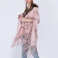 Women's Loose Suede Fringe Open Poncho Cloak Shawl Wrap with Punch Hole Patterns and Graceful Fringes Dropshipping