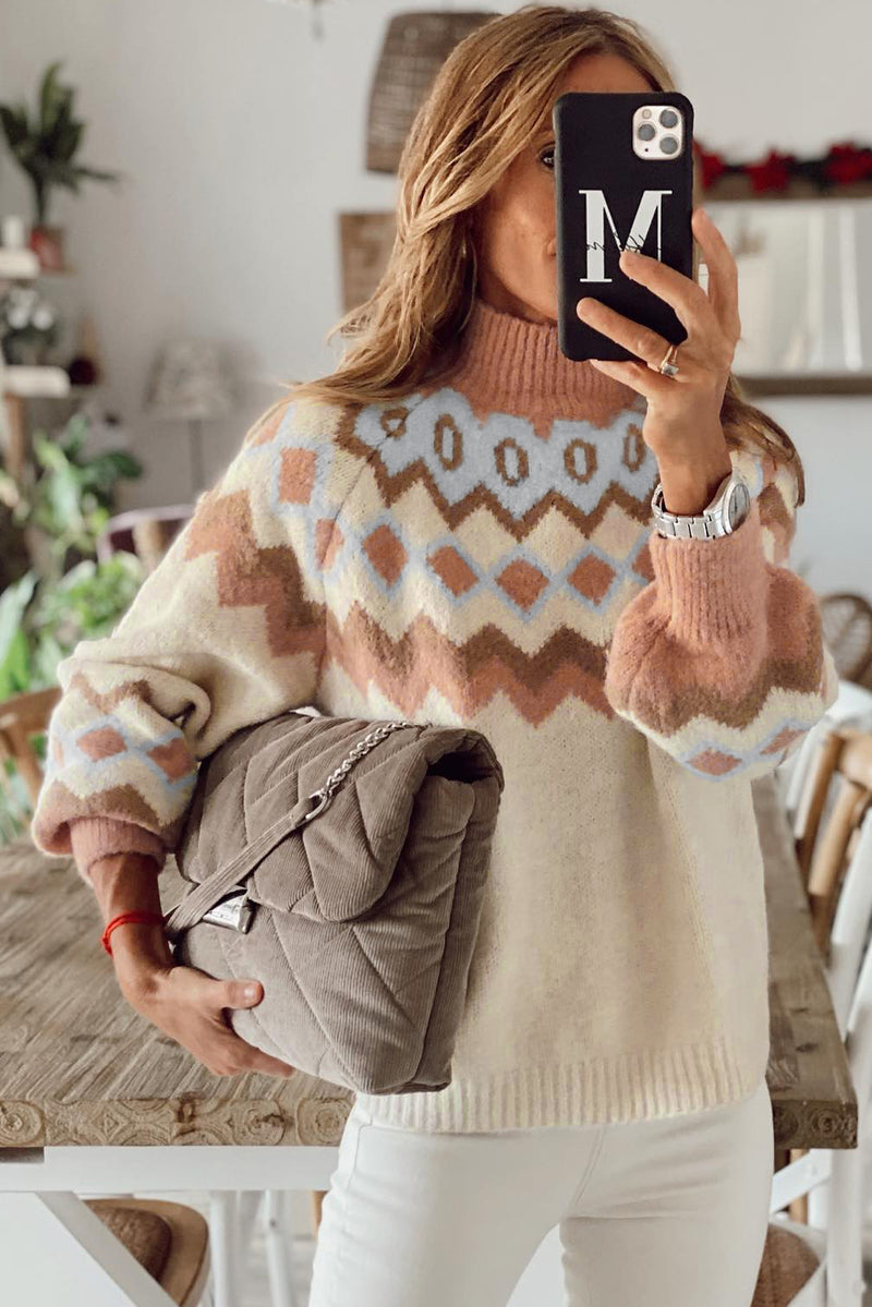 Khaki Geometric Pattern Ribbed Trim High Neck Sweater