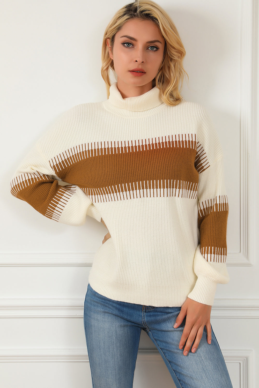 White Printed Patchwork Turtle Neck Knitted Sweater