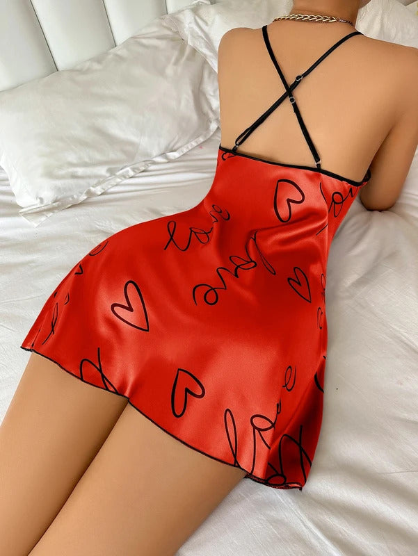 Heart Letter Print Nightdress Casual Round Neck Spaghetti Strap Sleep Dress Women's Sleepwear Dresses