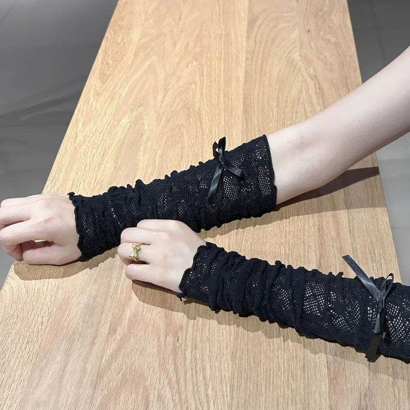 Lace Ruffle Lolita Lace Gloves Bowknot Strapping Black White Y2k Fingerless Mittens Mesh Japanese Mittens Cosplay Accessories