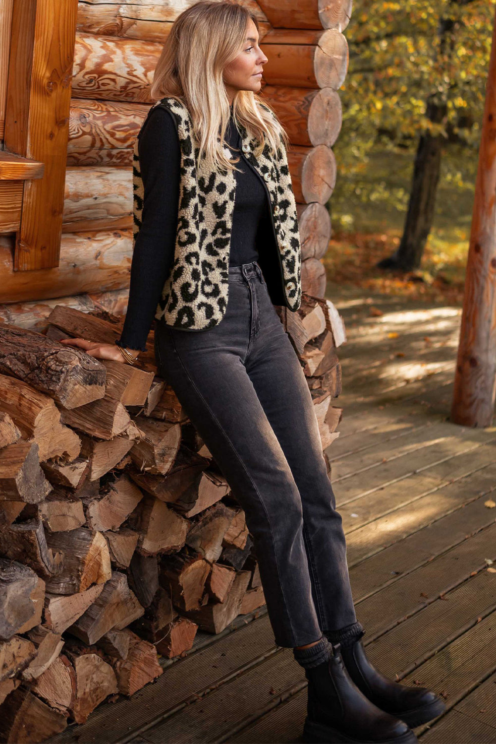 Black Leopard Print Sherpa Vest Coat