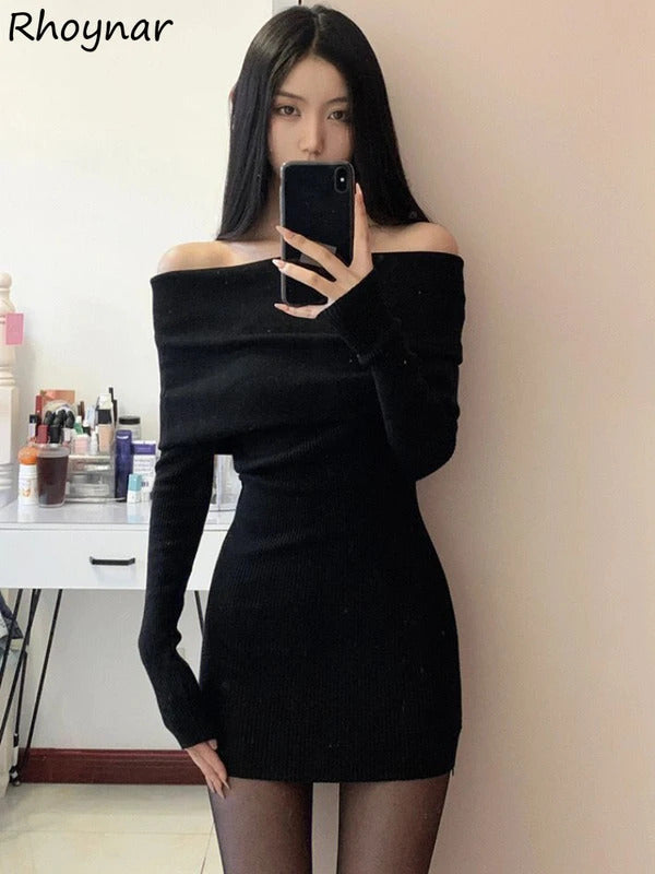 Sexy Dresses Women Backless Knitting Slim Y2k Girls Tender Korean Style Soft Casual Autumn Slash Neck Hotsweet Cozy New Clubwear