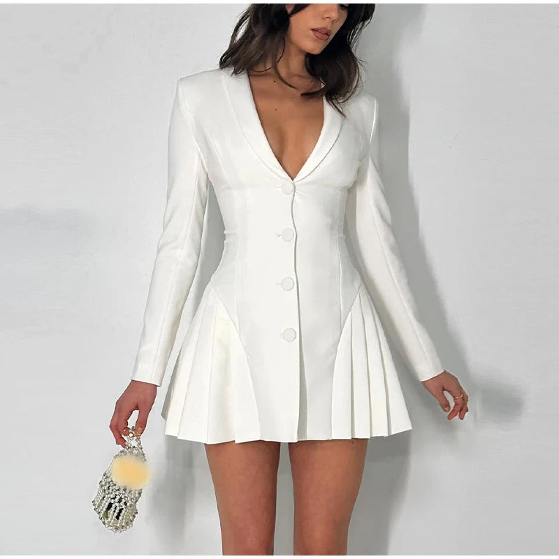 Elegant Single Breasted Pleated Long Sleeved Mini Dresses Sexy V-neck High Waist Women's Dress 2024 New Lady High Street Vestido