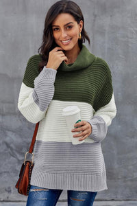 Green Turtleneck Color Block Pullover Sweater