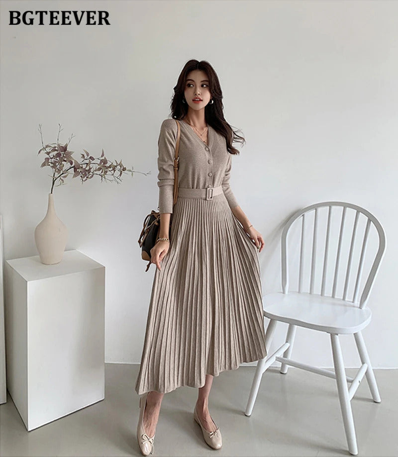 BGTEEVER Elegant V-neck Single-breasted Women Thicken Sweater Dress 2021 Autumn Winter Knitted Belted Female A-line soft dresses